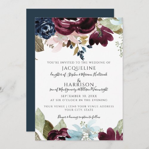 Burgundy Navy Floral Elegant Fall Foliage Wedding Invitation