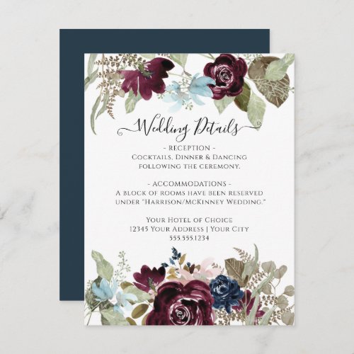 Burgundy Navy Floral Elegant Fall Wedding Details Invitation