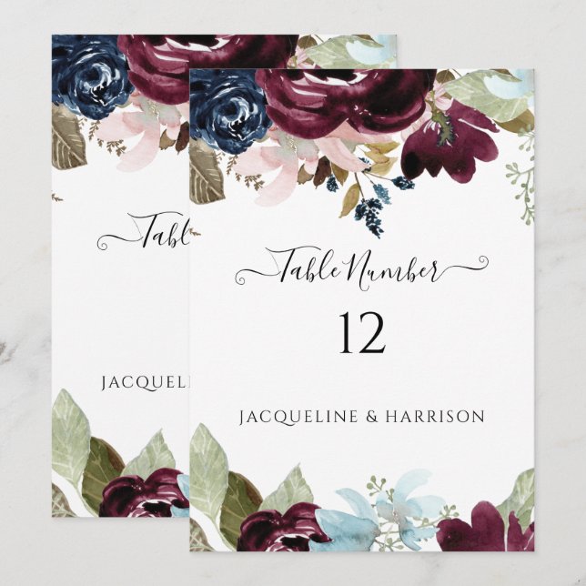 Burgundy Navy Floral Elegant Foliage Table Number (Front/Back)