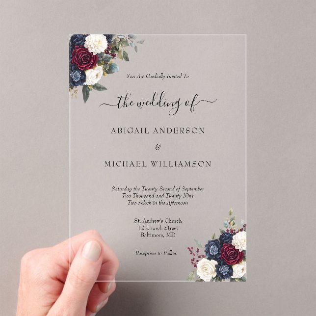 Burgundy Navy Floral Elegant Formal Script Wedding Acrylic Invitations (Insitu (Handheld))