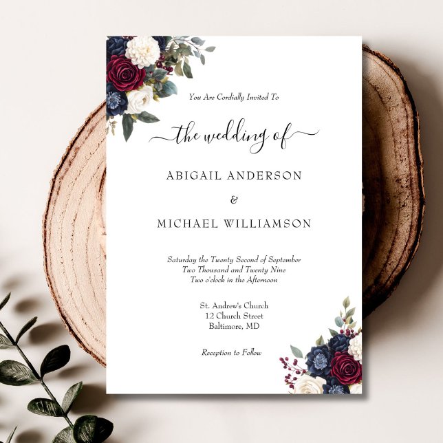 Burgundy Navy Floral Elegant Formal Script Wedding Invitation (Burgundy Navy Floral Elegant Traditional Script font Wedding Invitation)