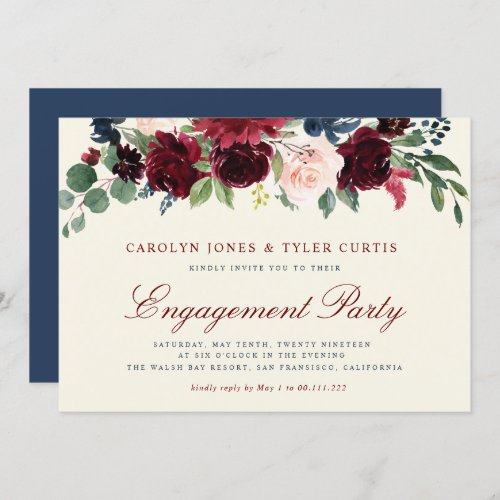 burgundy navy floral engagement party invitation