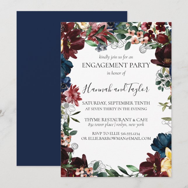 Burgundy Navy Floral Engagement Party Invitation (Front/Back)