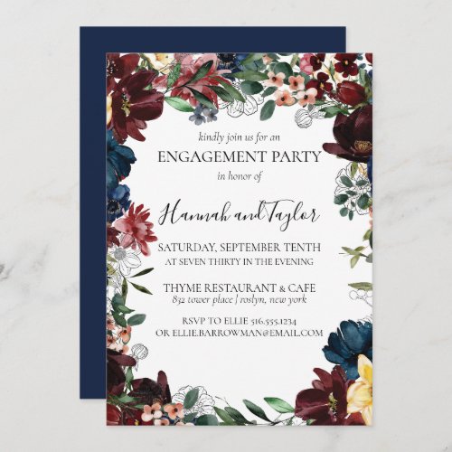 Burgundy Navy Floral Engagement Party Invitation