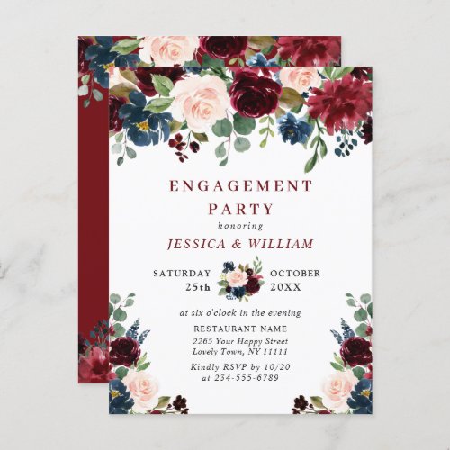 Burgundy Navy Floral ENGAGEMENT PARTY Invitations