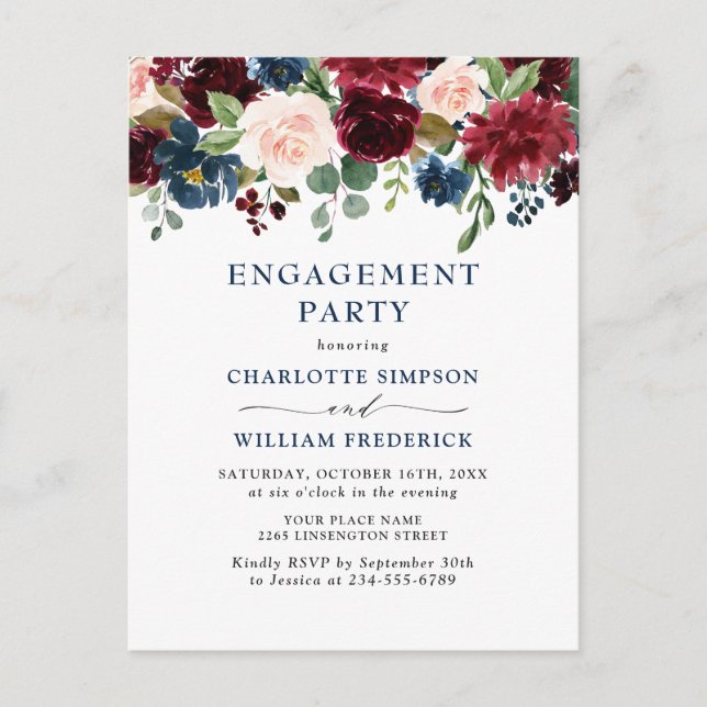 Burgundy Navy Floral ENGAGEMENT PARTY Invitations (Front)