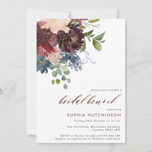 Burgundy  Navy Floral Fall Bridal Brunch Invitation