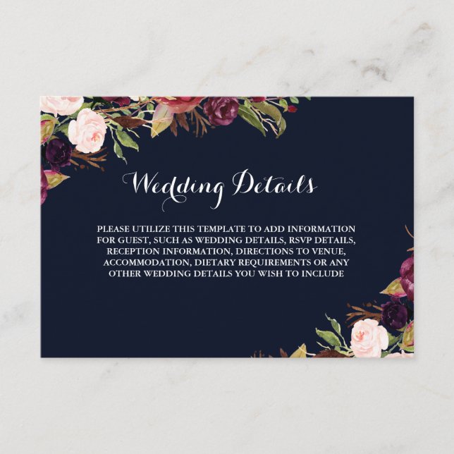 Burgundy Navy Floral Fall Reception Details Enclosure Card (Front)