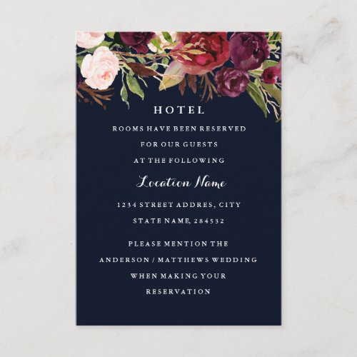 Burgundy Navy Floral Fall Wedding Hotel Card