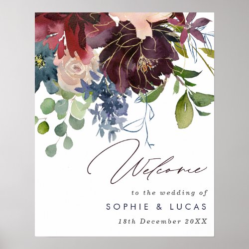 Burgundy  Navy Floral Fall Wedding Welcome Poster