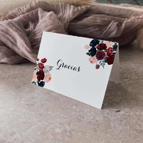 Burgundy Navy Floral Folded Wedding Gracias Card