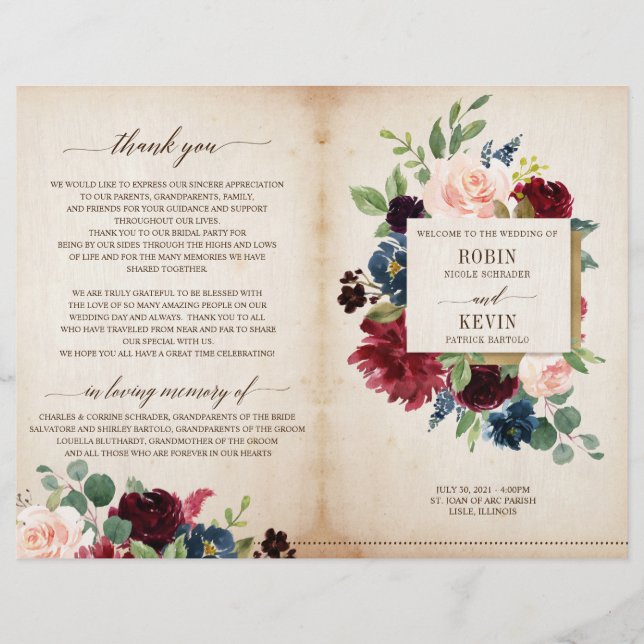 Burgundy Navy Floral Folded Wedding Program (Front)
