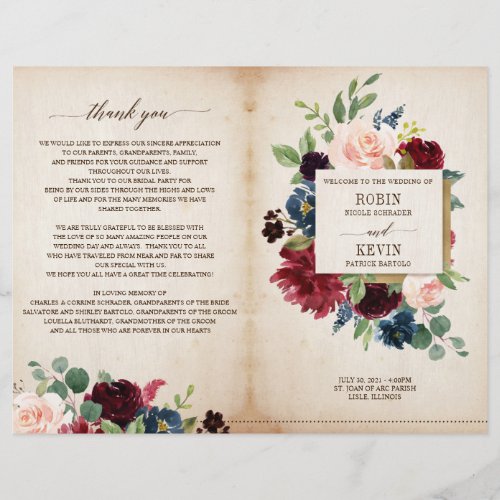 Burgundy Navy Floral Folded Wedding Program