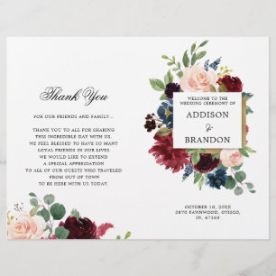 Burgundy Navy Floral Folded Wedding Program