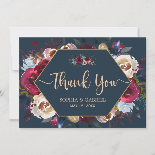 Burgundy Navy Floral Frame Wedding Thank You Card (Front)