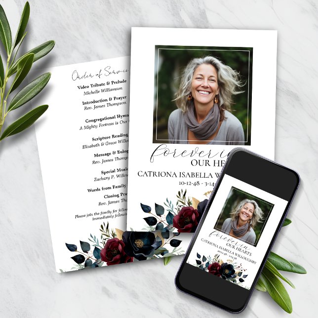 Burgundy Navy Floral Funeral Memorial Program (Creator Uploaded)