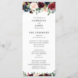 Burgundy navy floral garland wedding program