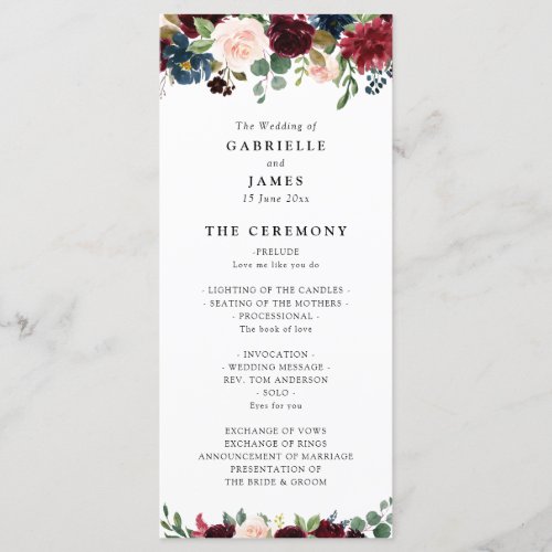 Burgundy navy floral garland wedding program