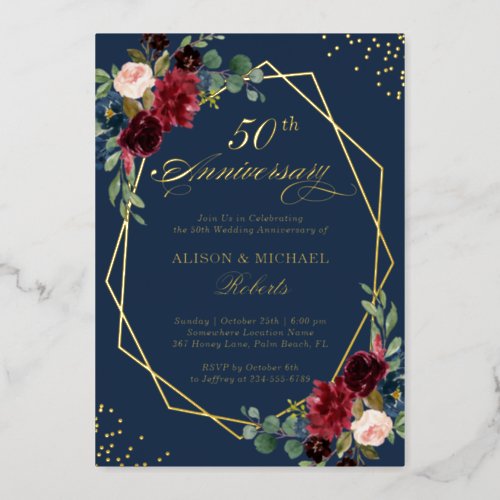 Burgundy Navy Floral Geometric Wedding Anniversary Foil Invitation