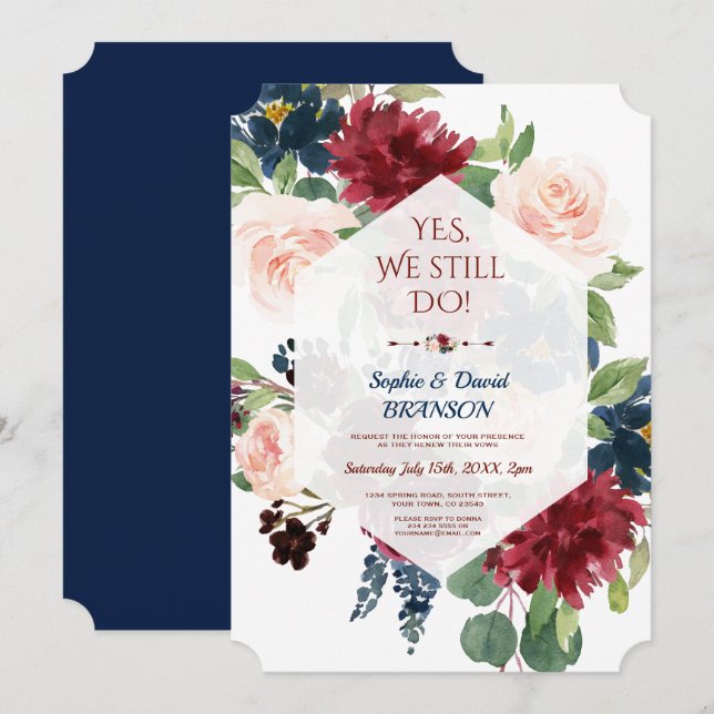 Burgundy Navy Floral Geometric Wedding Anniversary Invitation (Front/Back)