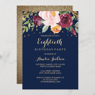 Burgundy Navy Floral Glitter 80th Birthday Party Invitation