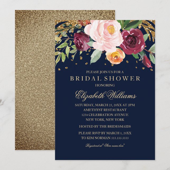 Burgundy Navy Floral Glitter Bridal Shower Invitation (Front/Back)