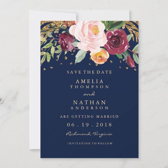 Burgundy Navy Floral Glitter Save The Date (Front)