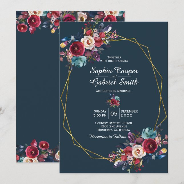 Burgundy Navy Floral Gold Frame on gray Wedding Invitation (Front/Back)