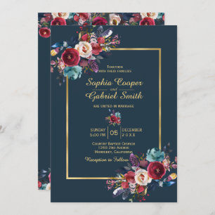 Burgundy Navy Floral Gold Frame on navy Wedding Invitation