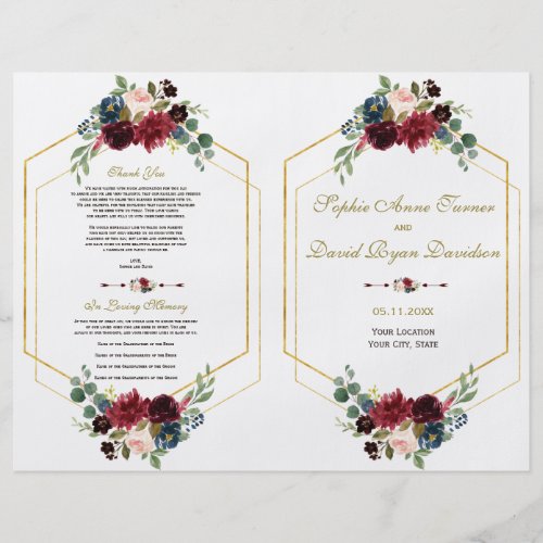 Burgundy Navy Floral Gold Frame Wedding Program Flyer