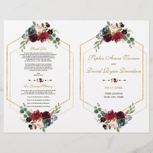 Burgundy Navy Floral Gold Frame Wedding Program Flyer