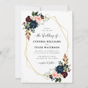 burgundy & navy floral gold geometric wedding invitation