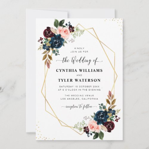burgundy  navy floral gold geometric wedding invitation