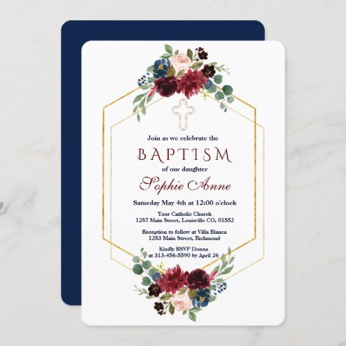 Burgundy Navy Floral Gold Hexagon Frame Baptism Invitation