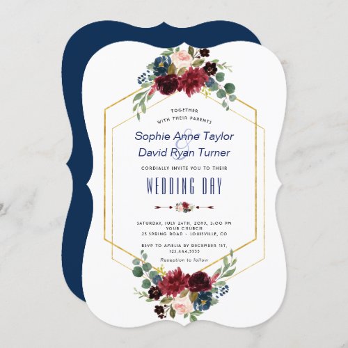 Burgundy Navy Floral Gold Hexagon Frame Wedding Invitation