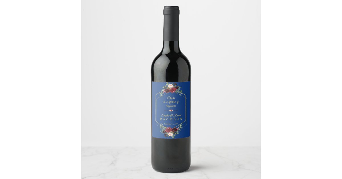 Burgundy Navy Floral Gold Hexagon Frame Wedding Wine Label | Zazzle