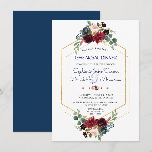 Burgundy Navy Floral Gold Hexagon Rehearsal Dinner Invitation (Front/Back)