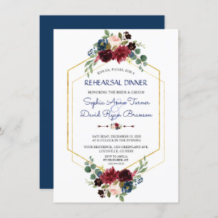 Burgundy Navy Floral Gold Hexagon Rehearsal Dinner Invitation