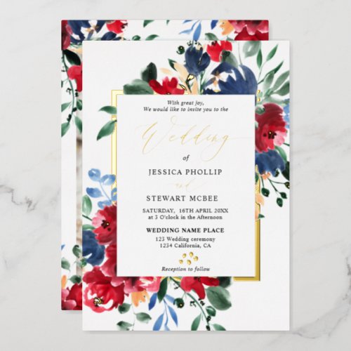 Burgundy navy floral gold script photo wedding foil invitation