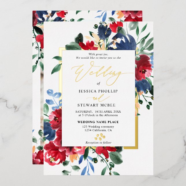 Burgundy navy floral gold script photo wedding foil invitation (Front/Back)