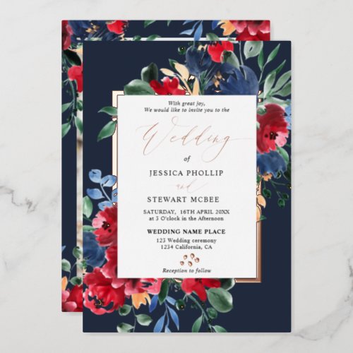Burgundy navy floral gold script photo wedding foil invitation