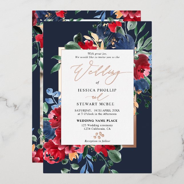 Burgundy navy floral gold script photo wedding foil invitation (Front/Back)