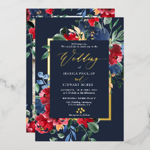 Burgundy navy floral gold script photo wedding foil invitation
