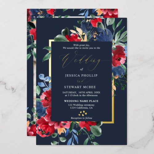 Burgundy navy floral gold script photo wedding foil invitation