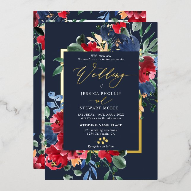 Burgundy navy floral gold script photo wedding foil invitation (Front/Back)
