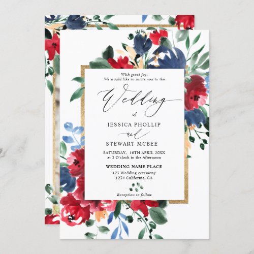 Burgundy navy floral gold script photo wedding invitation - A rustic fall winter elegant burgundy and navy blue floral watercolor , gold foil border and greenery leaves calligraphy wedding invitation , add your photo. With a beautiful brush calligraphy script.