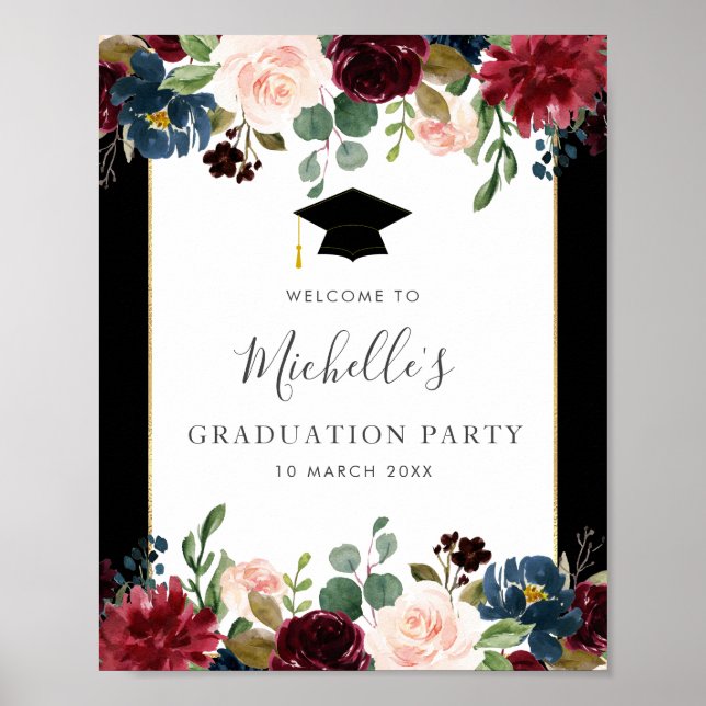 burgundy navy floral graduation welcome sign (Front)
