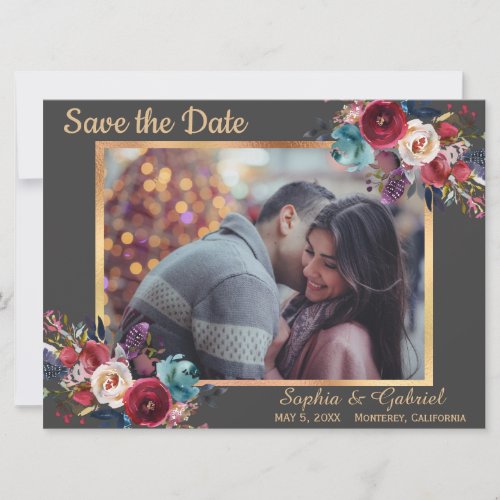 Burgundy Navy Floral Gray Photo Save the Date