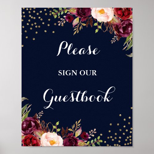 Burgundy Navy Floral Guestbook Wedding Sign