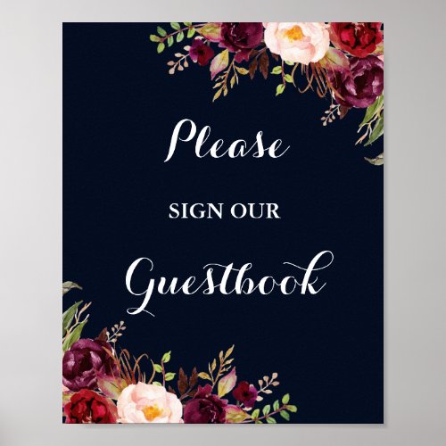 Burgundy Navy Floral Guestbook Wedding Sign